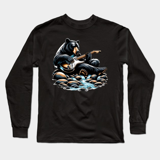 Black Bear Playing Electric Guitar Long Sleeve T-Shirt by Merchweaver